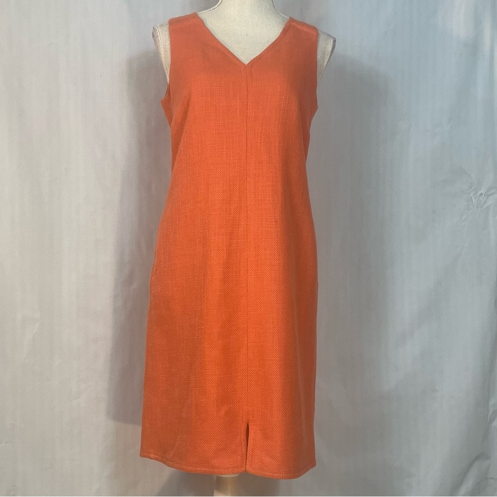 Talbots Dress Orange Tweed Sleeveless Shift Hand Pockets Front Slit V Neck 6 P 👍